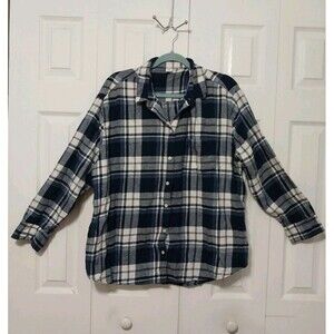 Old Navy Woman's Cotton Flannel Blue White Plaid Long Sleeve Button Down 1X